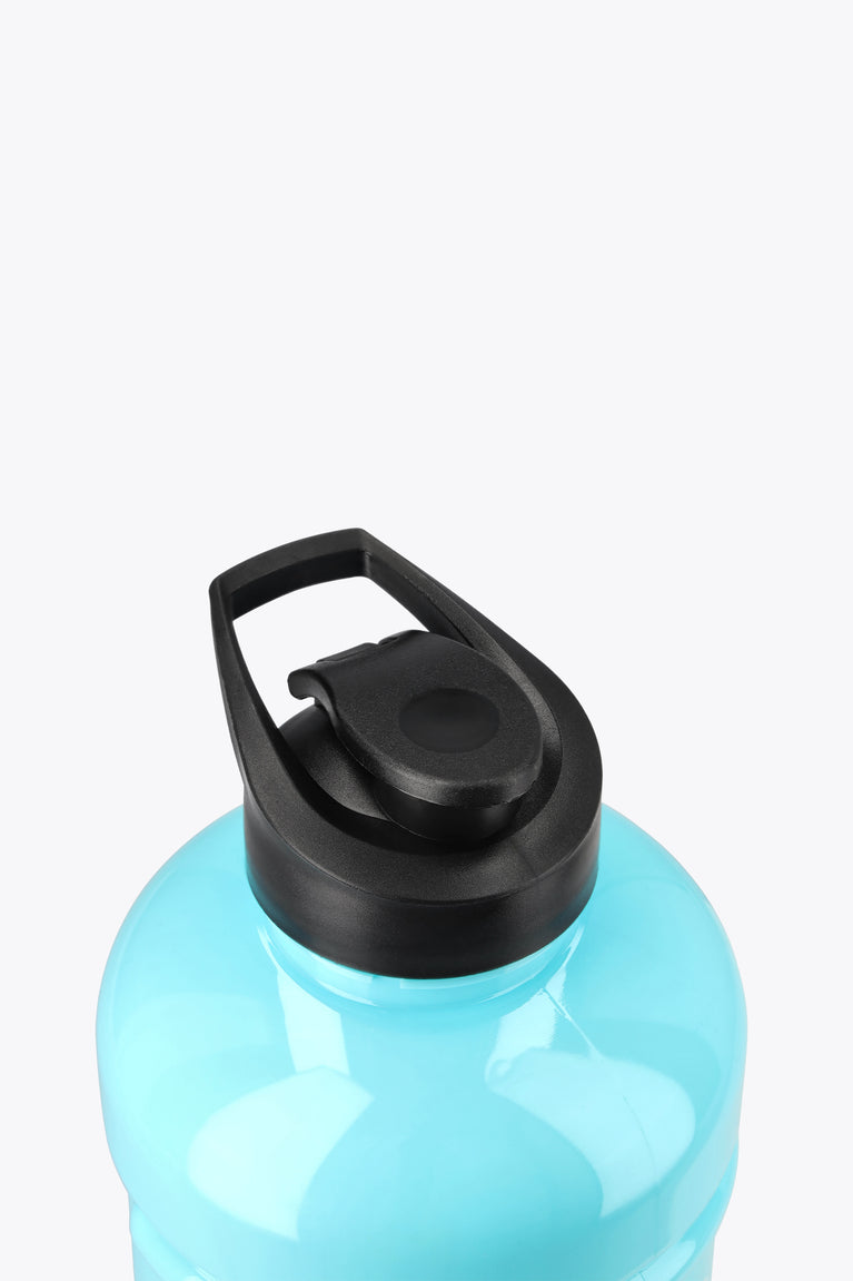 Blue topaz water bottle lid with black flip spout and spout cover