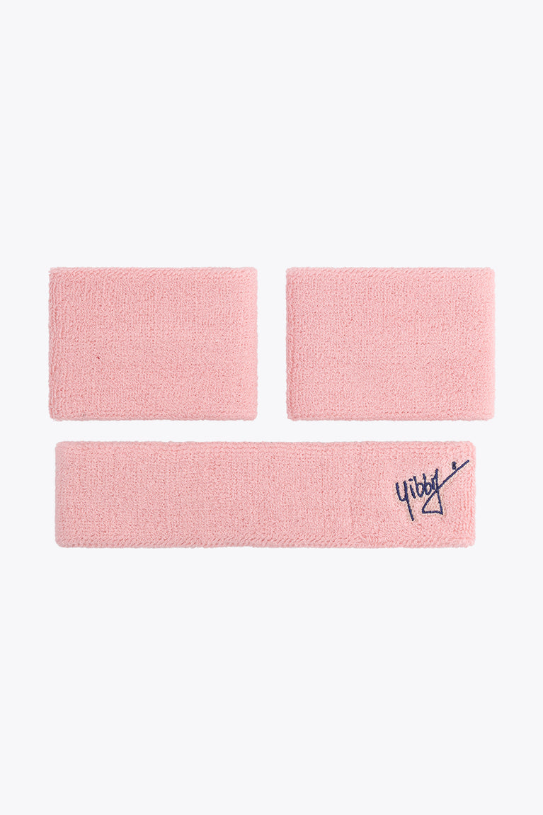 Pastel pink sweatband set, three woven wristbands with Yibbi mark on the band.