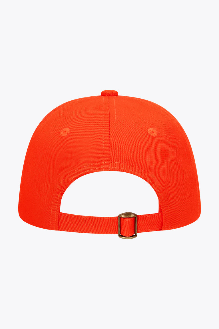 Bright orange twill baseball cap with adjustable metal buckle strap