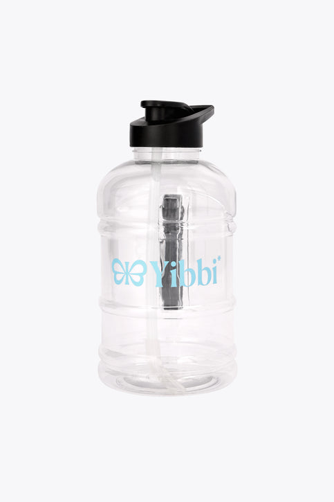 Yibbi Giga Waterbottle | White Giga water bottle with black cap and blue logo, clear body