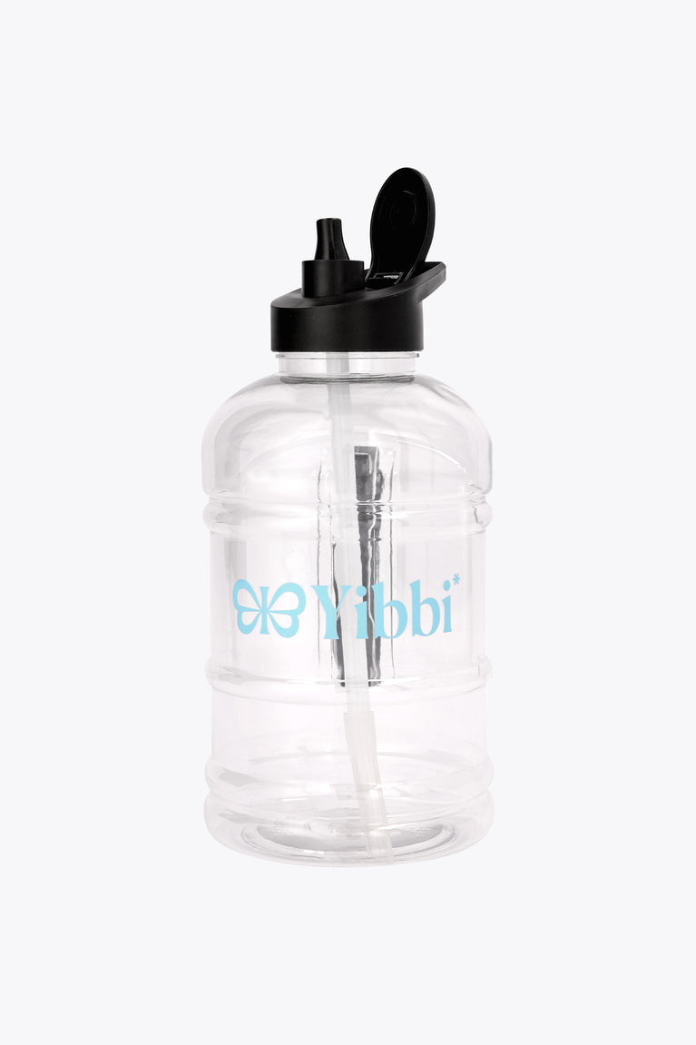 Giga water bottle with open black lid and blue logo, clear body
