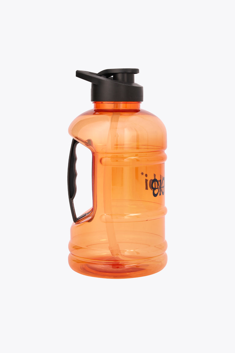 Bright orange translucent water bottle with side carry handle and spout