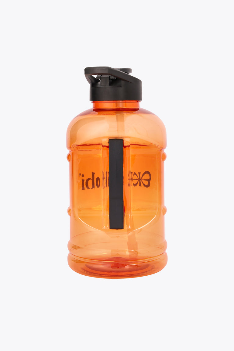 Bright orange translucent water bottle with black flip-top lid and latch