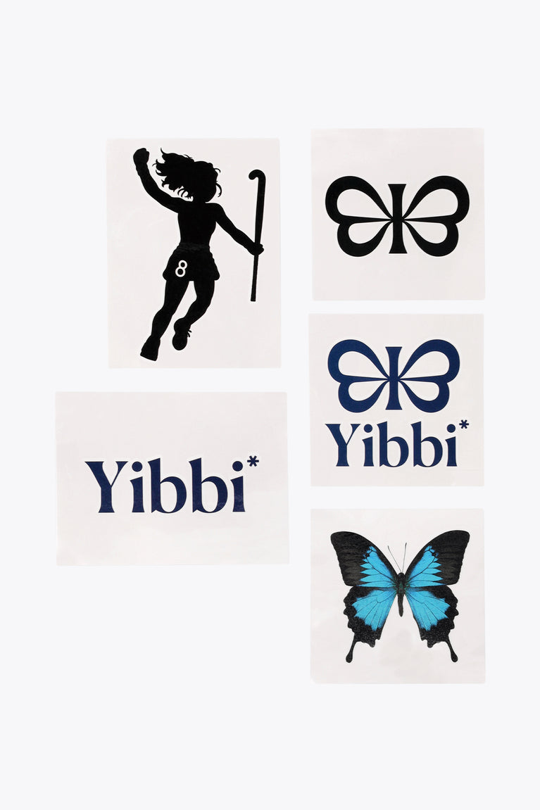 Multicolor Yibbi tattoo set with girl silhouette, bow icons, Yibbi text, butterfly