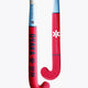 Red and blue hockey stick with curved blade hook and long printed shaft