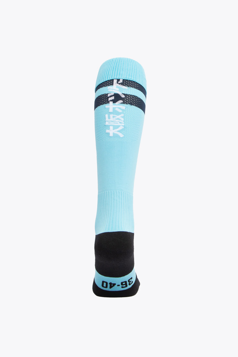 HV Bleiswijk Field Hockey Socks in sky blue with Osaka logo in green. Back view