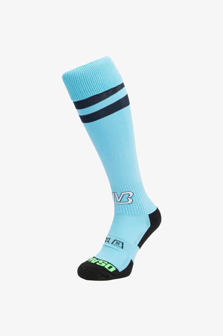 HV Bleiswijk Field Hockey Socks in sky blue with Osaka logo in green. Front view