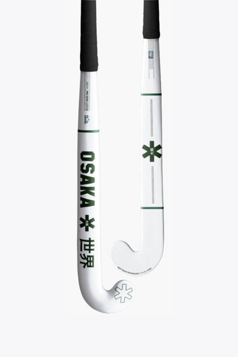 Osaka Custom Pro - Osaka x SMHC De Hopbel Hockey Stick Curved hockey stick blade with white shaft and green star markings, partial view
