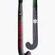 Hockey stick, black shaft and blade with red text and green accents