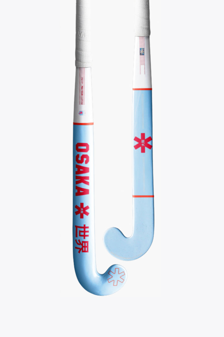Light blue hockey stick with curved blade and red Osaka star logo on shaft