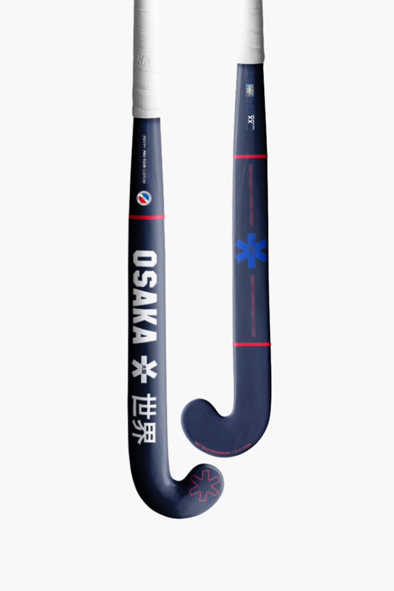 Dark blue hockey stick with curved blade, red line detail, and blue star mark
