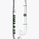 Curved white hockey stick blade with green star and line graphics on shaft
