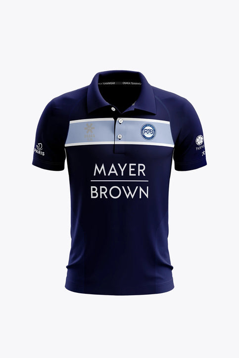 PJB Women Polo Jersey - Navy Women’s navy polo jersey with button placket and sponsor-style chest graphic