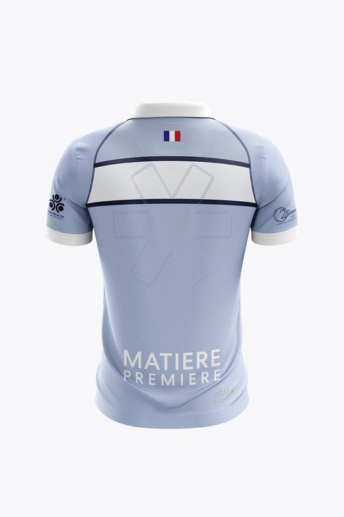 PJB Women Polo Jersey - Sky Blue Women’s sky blue polo jersey with white collar, button placket, and chest graphic
