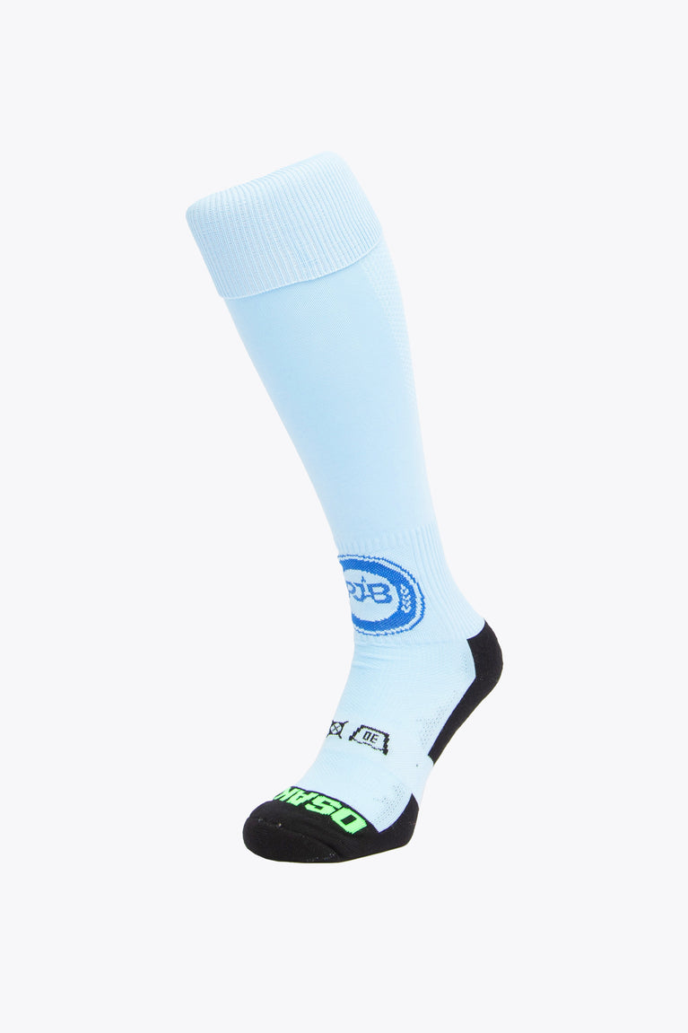 PJB Field Hockey Socks in sky blue with Osaka logo in green. Front view