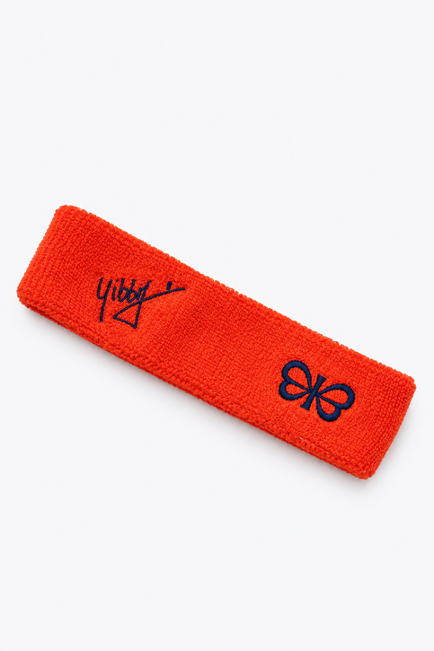 Yibbi Sweatband Set | Bright Orange Bright orange sweatband set, three terry wristbands with navy flower logos