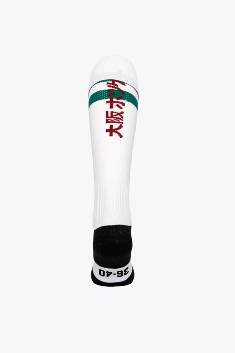Cannock Field Hockey Socks | White Cannock Field Hockey Socks in white with Osaka logo in green. Front view