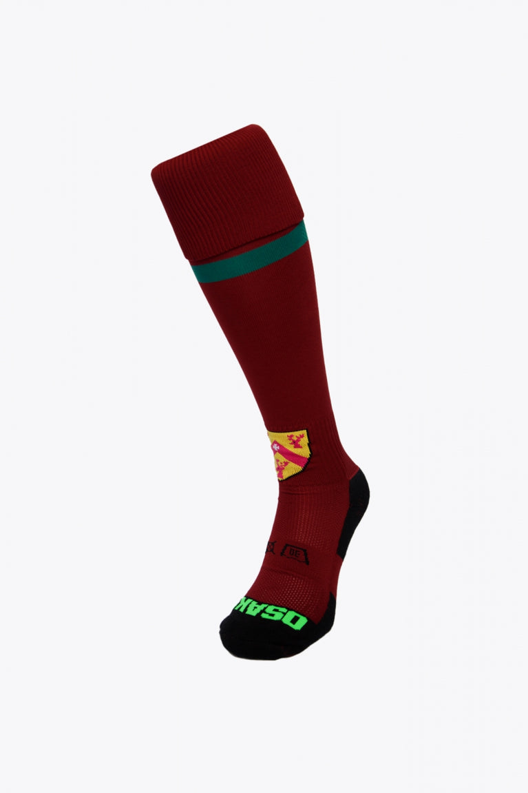 Cannock Field Hockey Socks in bordeaux with Osaka logo in green. Front view