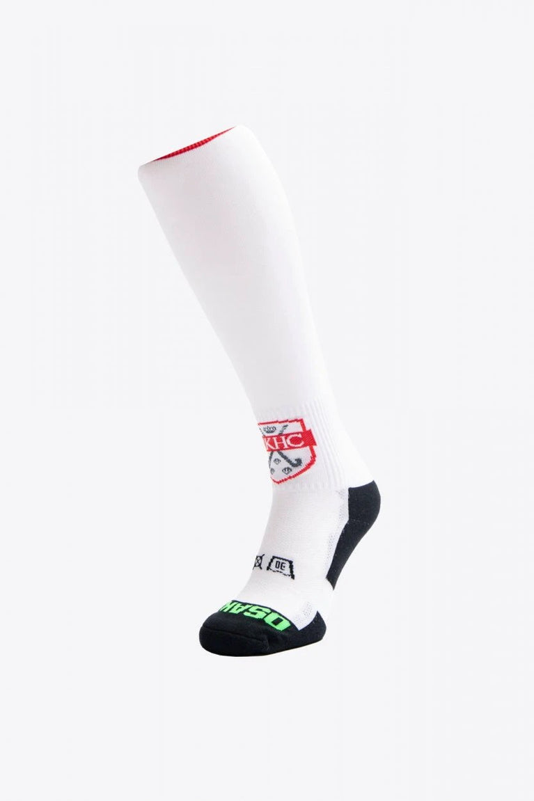 HC Knokke Field Hockey Socks in white with Osaka logo in green. Front view