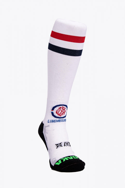 Luxembourg Field Hockey Socks | White Luxembourg Field Hockey Socks in white with Osaka logo in green. Front view