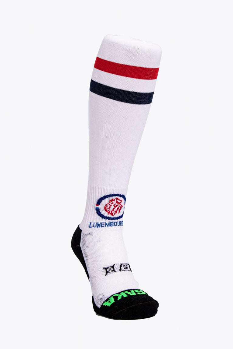 Luxembourg Field Hockey Socks in white with Osaka logo in green. Front view