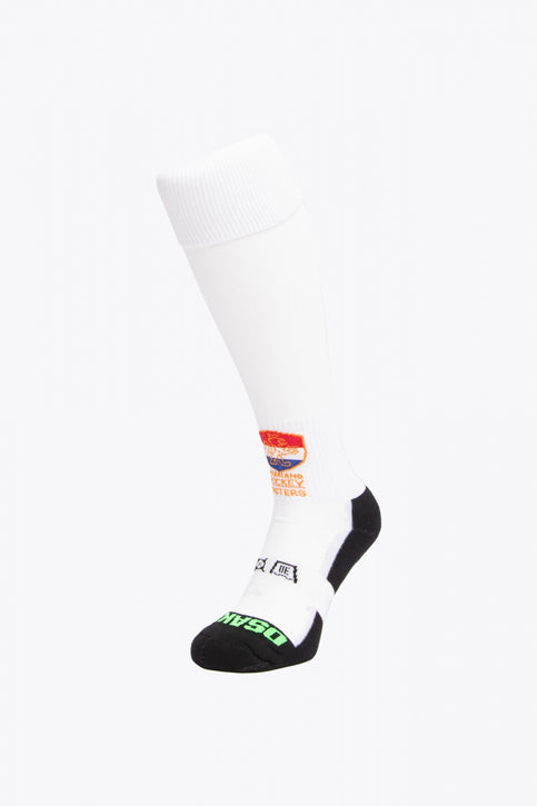 NHM Field Hockey Socks | White NHM Field Hockey Socks in white with Osaka logo in green. Front view