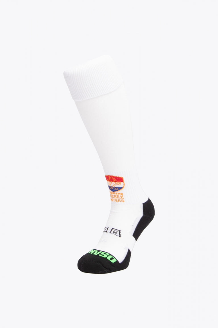 NHM Field Hockey Socks in white with Osaka logo in green. Front view