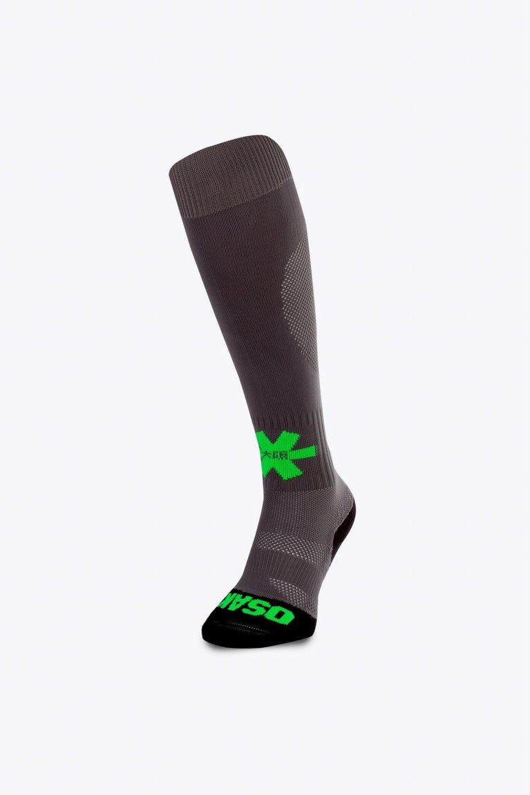 Osaka Field Hockey Socks in grey with Osaka logo in green. Front view