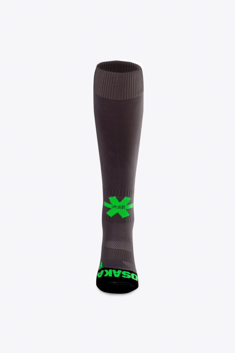Osaka Field Hockey Socks in grey with Osaka logo in green. Front view