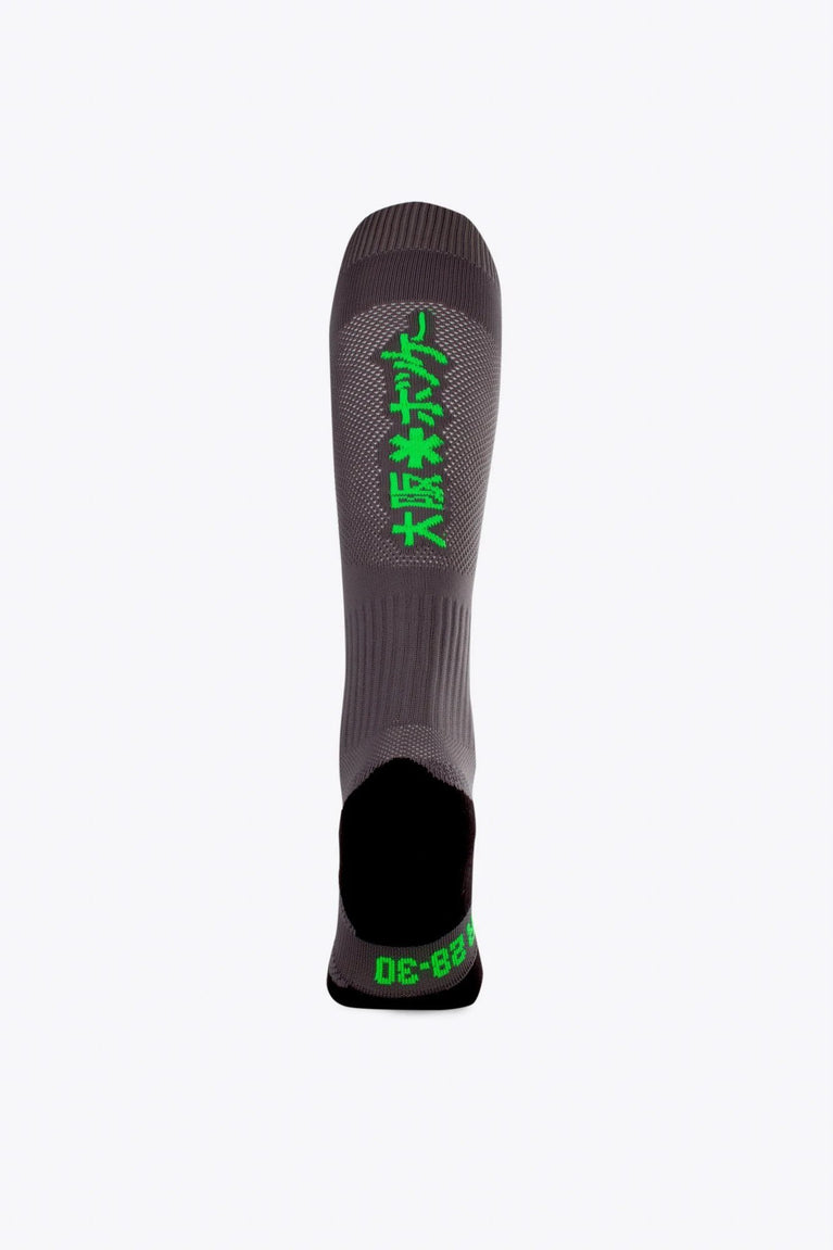 Osaka Field Hockey Socks in grey with Osaka logo in green. Back view