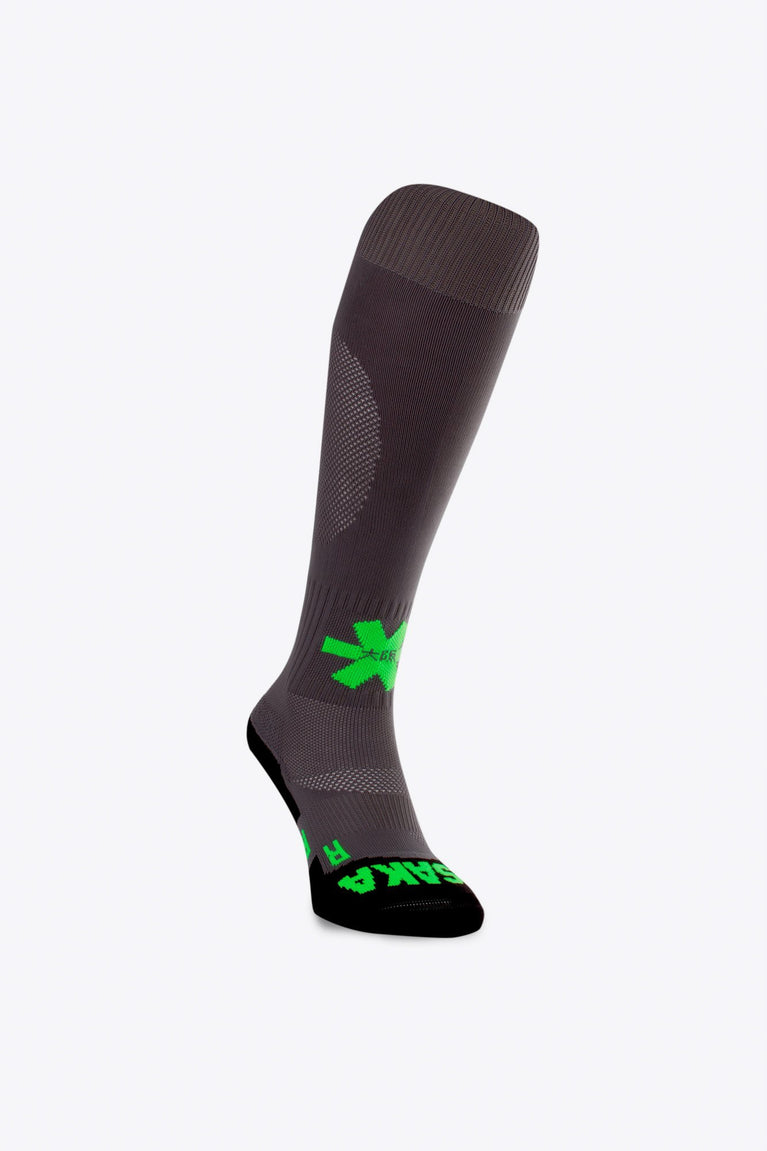 Osaka Field Hockey Socks in grey with Osaka logo in green. Side view