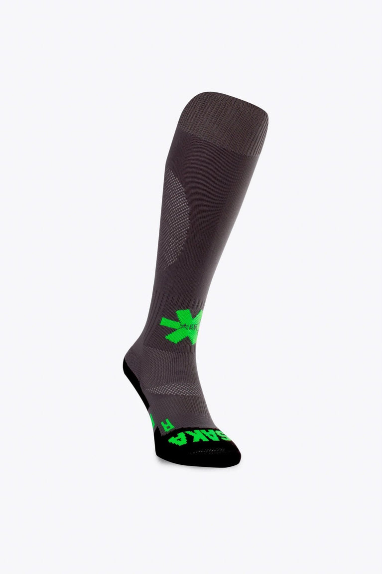 Osaka Field Hockey Socks in grey with Osaka logo in green. Side view