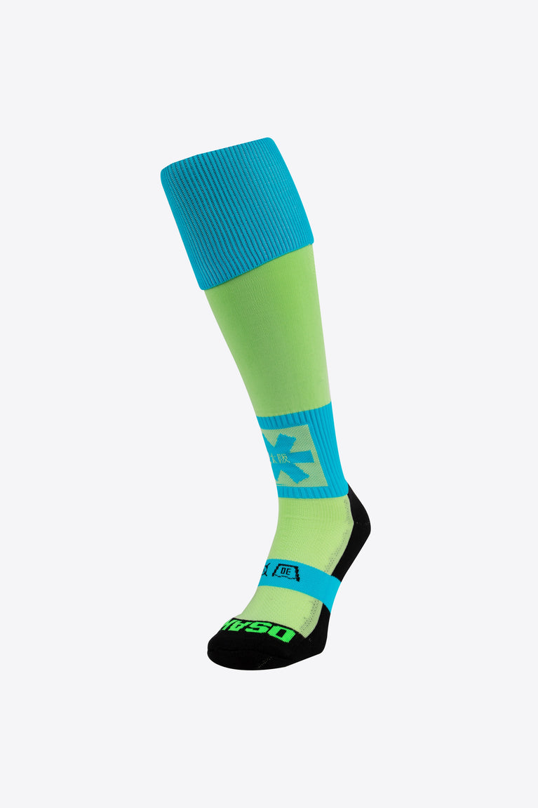 Osaka Field Hockey Socks in neo mint and turquoise with Osaka logo in green. Front view