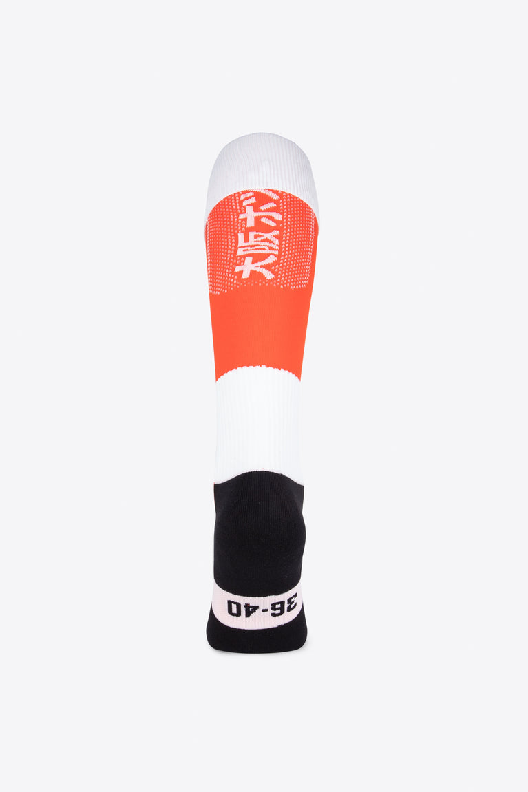 Osaka Field Hockey Socks orange with Osaka logo in white. Back view