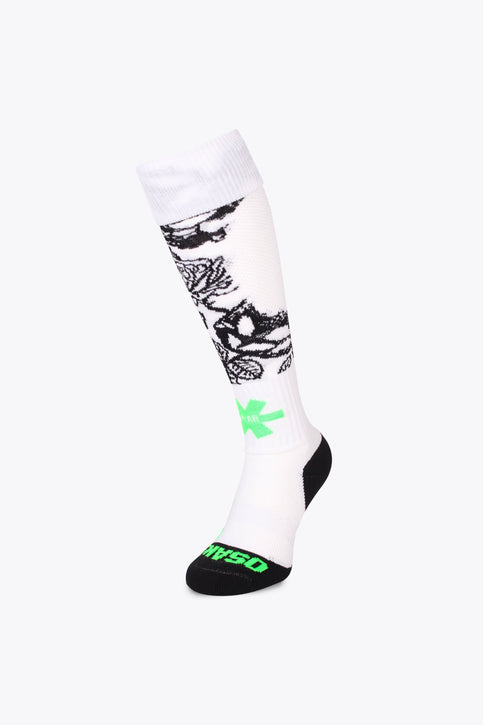 Osaka Field Hockey Socks | White Flowers Osaka Field Hockey Socks in white flowers with Osaka logo in green. Front view