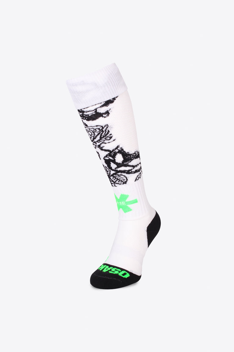 Osaka Field Hockey Socks in white flowers with Osaka logo in green. Front view