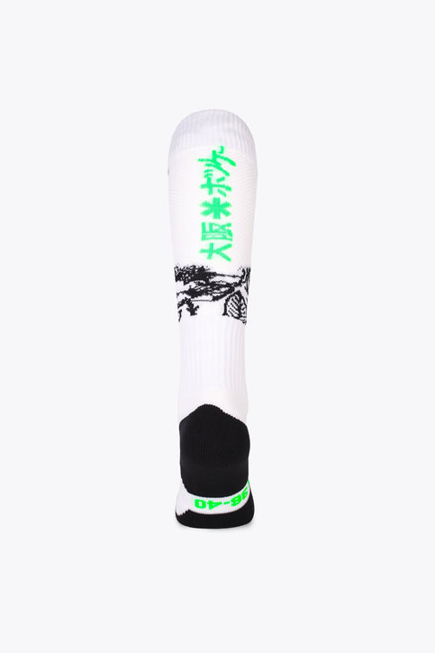 Osaka Field Hockey Socks | White Flowers Osaka Field Hockey Socks in white flowers with Osaka logo in green. Front view
