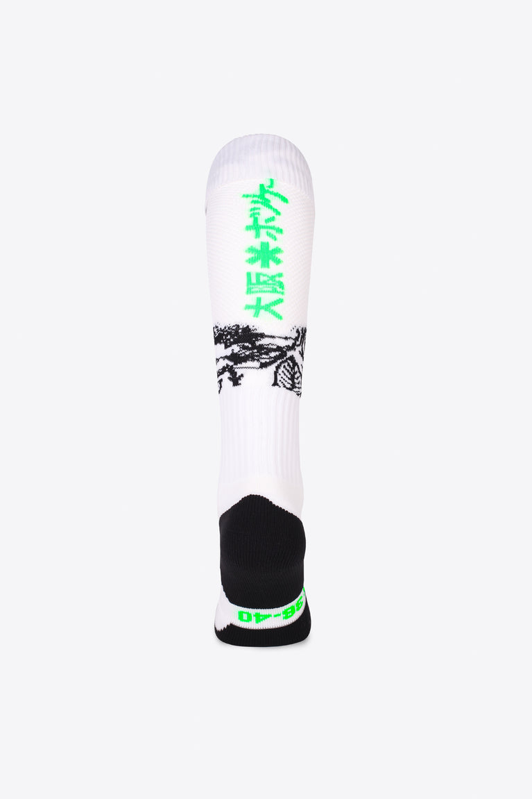 Osaka Field Hockey Socks in white flowers with Osaka logo in green. Back view