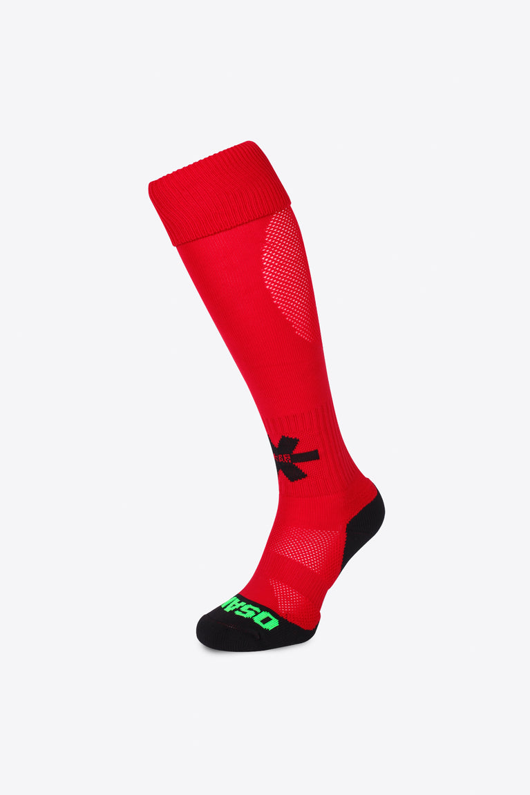 Osaka Field Hockey Socks in red with Osaka logo in green. Front view