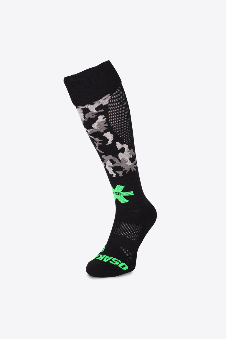 Osaka Field Hockey Socks black camouflage with Osaka logo in green. Front view