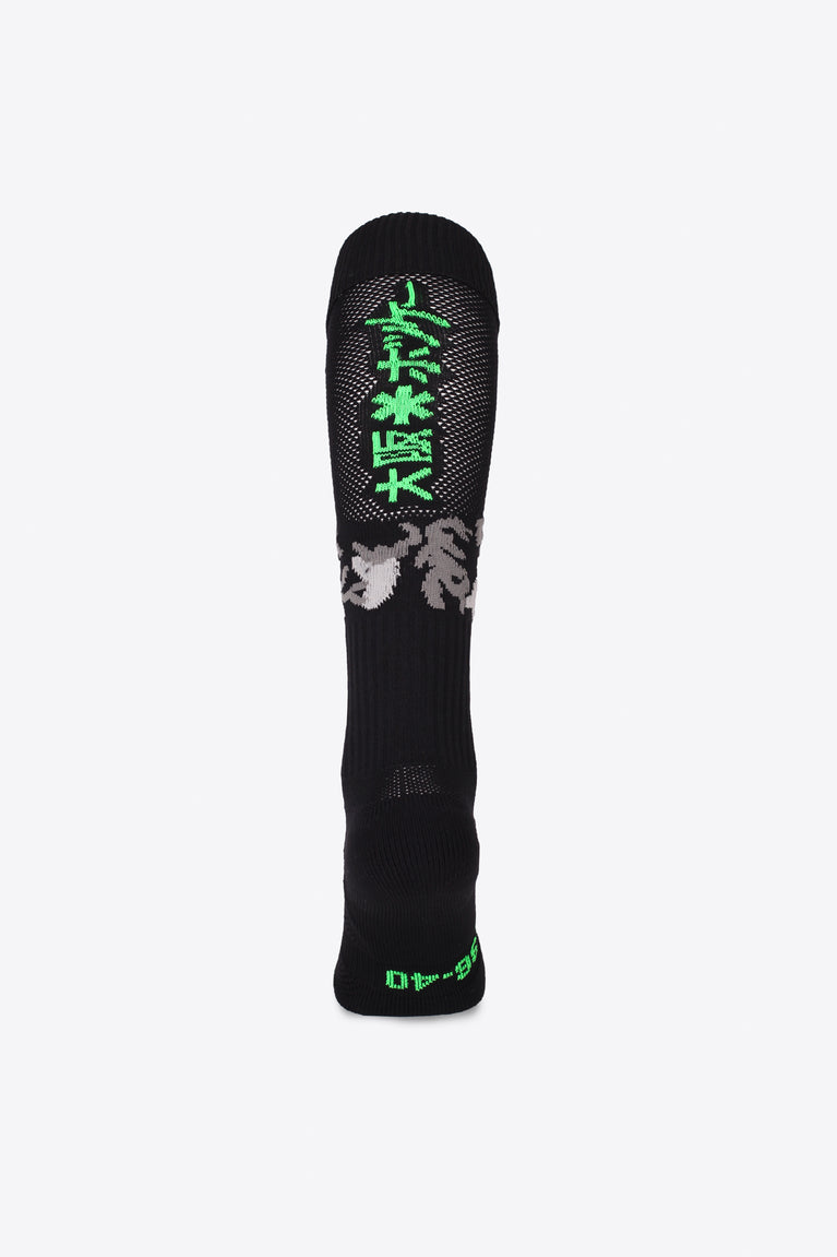 Osaka Field Hockey Socks black camouflage with Osaka logo in green. Back view