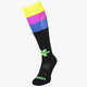 Osaka Field Hockey Socks fluo yellow, purple and blue with Osaka logo in green. Front view
