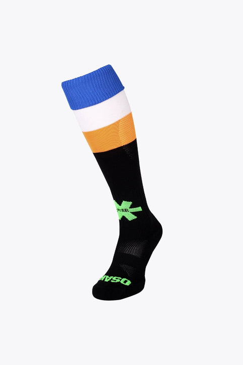 Osaka Field Hockey Socks | Fluo 3 Osaka Field Hockey Socks fluo orange, white and blue with Osaka logo in green. Front view