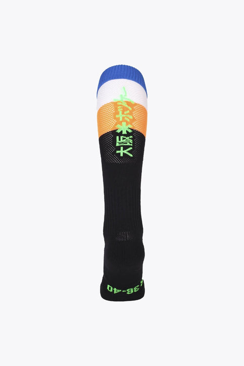 Osaka Field Hockey Socks | Fluo 3 Osaka Field Hockey Socks fluo orange, white and blue with Osaka logo in green. Front view