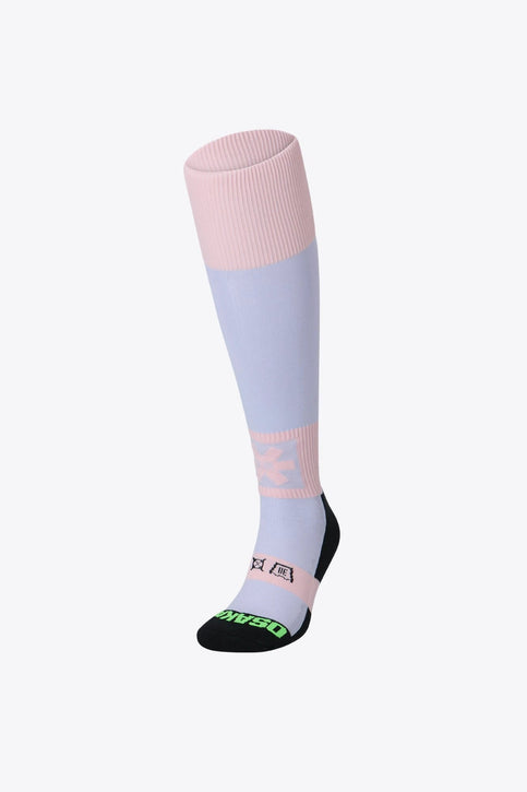 Osaka Field Hockey Socks | Cotton Violet-Peach Pink Osaka Field Hockey Socks violet and peach with Osaka logo in green. Front view