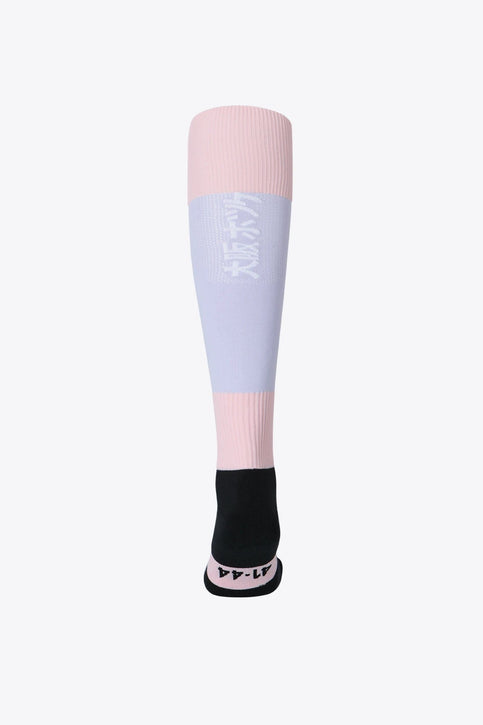 Osaka Field Hockey Socks | Cotton Violet-Peach Pink Osaka Field Hockey Socks violet and peach with Osaka logo in green. Front view