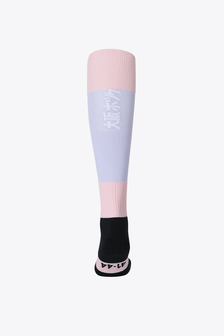 Osaka Field Hockey Socks violet and peach with Osaka logo in green. Back view