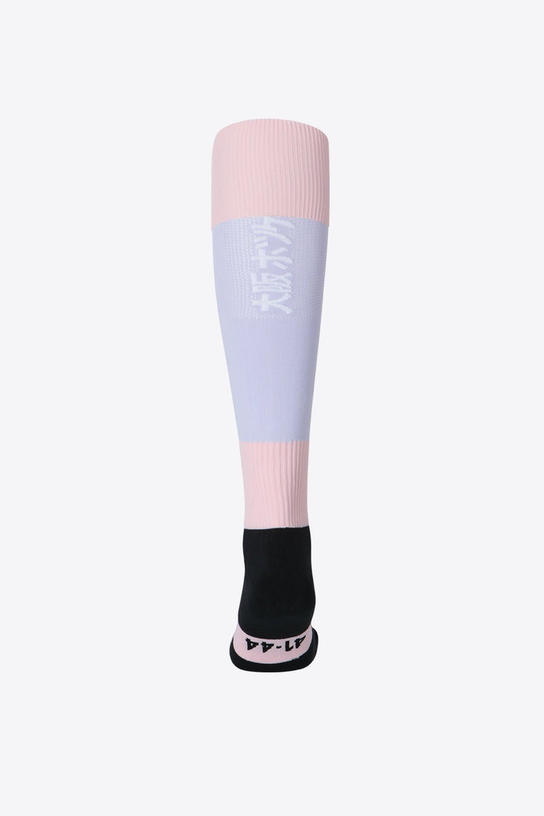 Osaka Field Hockey Socks violet and peach with Osaka logo in green. Back view