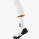 White field hockey socks with stripe band and black heel-to-toe with printed graphics