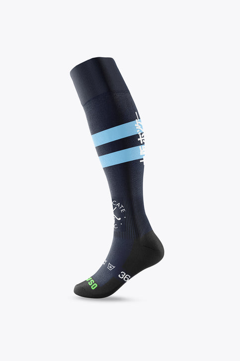 MHC Forescate Field Hockey Socks - Navy MHC Forescate field hockey socks, navy with light blue stripe band at mid-calf